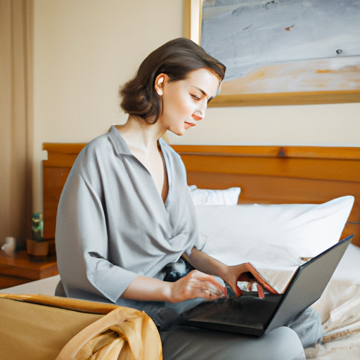 נוסעת עסקים שעובדת על המחשב הנייד שלה בחדר מלון נעים, עם חיבור לאינטרנט מהיר