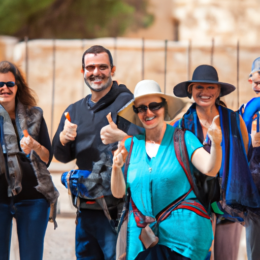 A group of tourists at the start of the Abraham Tours Israel, smiling and ready for the journey ahead.