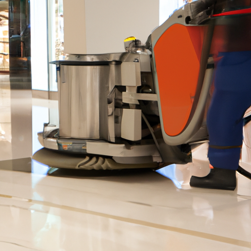 1. תמונה המציגה מכונת שטיפת רצפה מנקה ביעילות רצפת מרכז קניות גדול