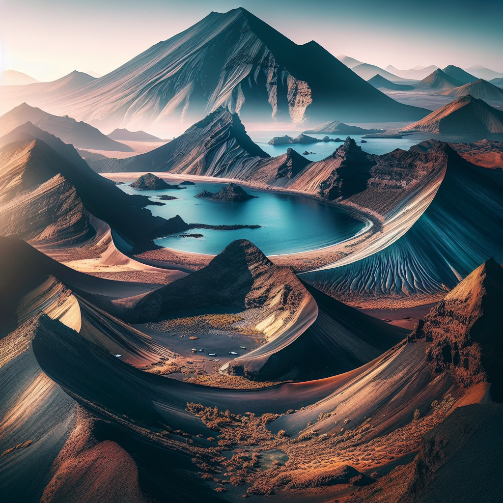 תמונה פנורמית של נוף געשי ייחודי בקנריים המשלב בין הרים וים.