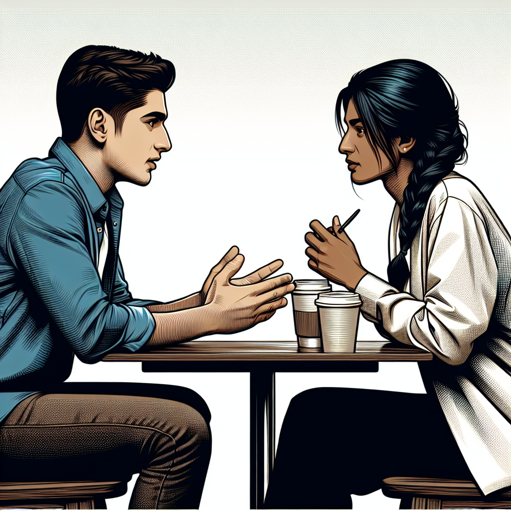 תמונה של שני אנשים בשיחה רהוטה בקפה, המדגימה תקשורת פתוחה ובריאה.